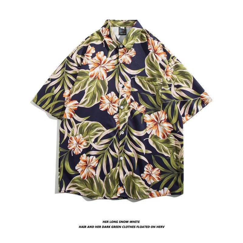 Trendy Retro Hong Kong Style Floral Shirt Oil Painting Short-Sleeve Shirt Men's Loose Jacket Couple Beach Ready Stock Wholesale