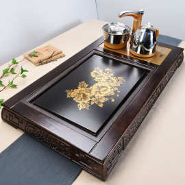 吉祥如意牡丹柴火烧实木大茶盘乌金石茶海茶具套装电器四合一茶台
