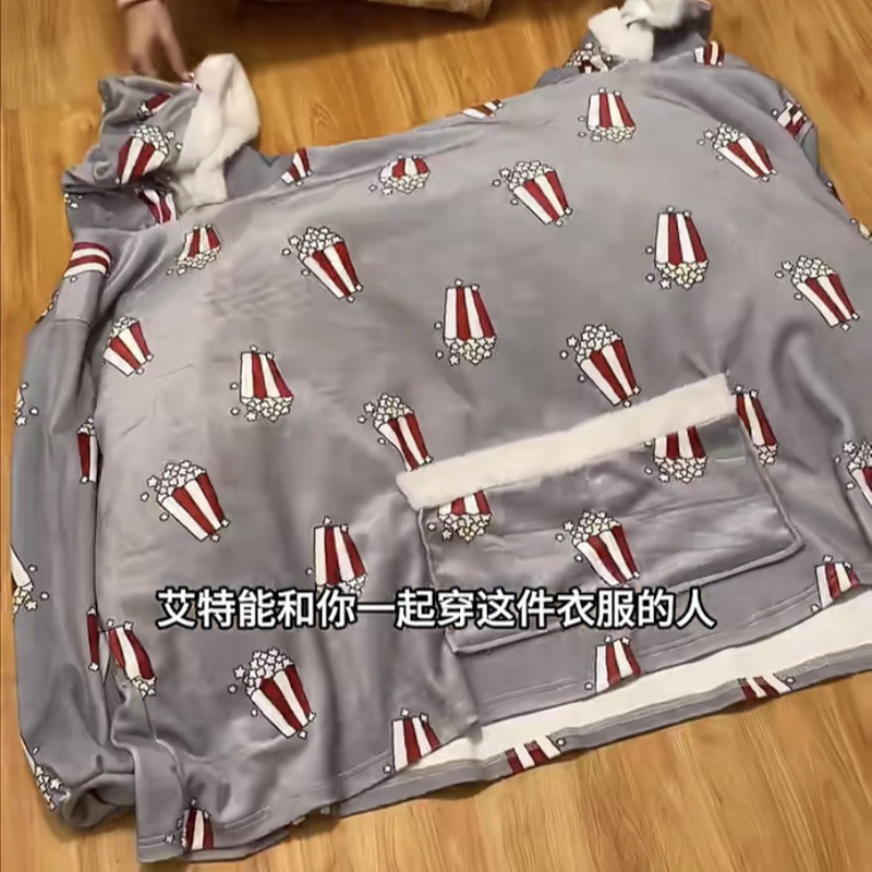 Creative Couple Double Pajamas Autumn and Winter New Funny One-Body Close Hooded Sweater Coral Fleece Popcorn Sweater