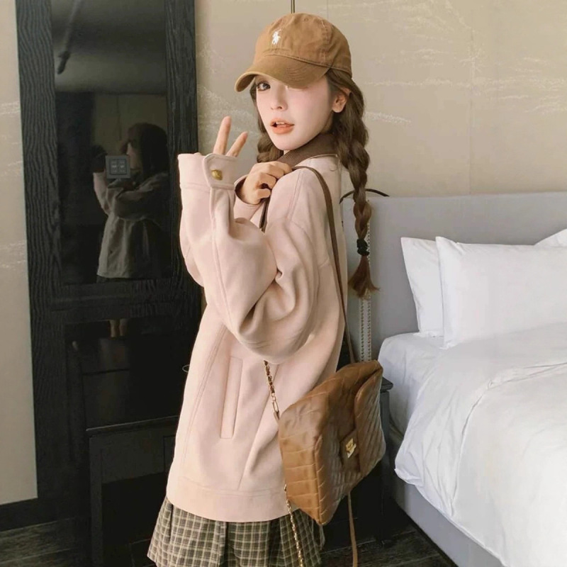 韩系粉色麂皮绒短外套女2025新款秋冬学院风翻领独特别致开衫夹克|undefined