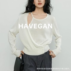 与间HAVEGAN/天丝亚麻针织衫女秋季2025新款解构设计长袖宽松上衣