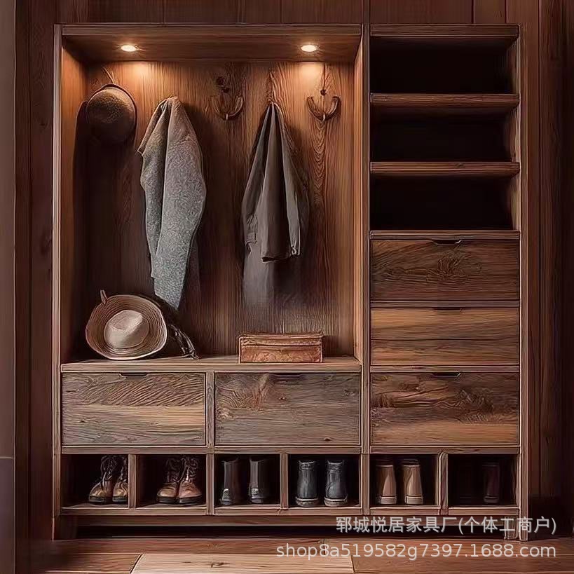 Entrance Hall Coat Storage Rack Shoe Storage Cabinet Bedroom Floor-Standing Solid Wood Wardrobe Entrance Storage Cabinet Wardrobe