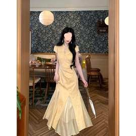 玉穗金澜 新中式黄色插片式鱼尾改良旗袍温婉气质连衣裙-图片色