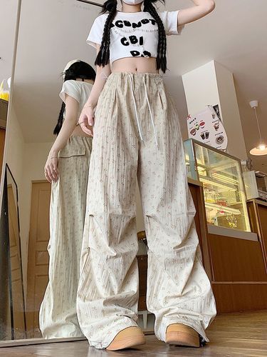 Floral Work Pants for Women - Spring and Summer Thin High-Waisted Loose Casual Wide Leg American Retro White Sport Pants