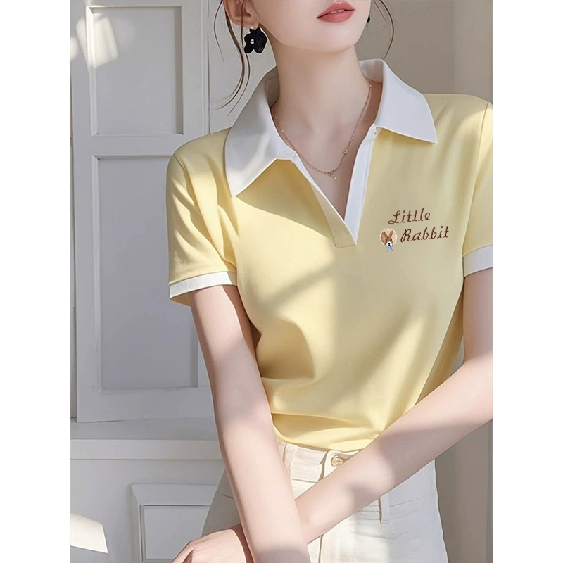 Хлопковая футболка контрастного цвета с воротником-поло на правое плечо и короткими рукавами для женщин, летняя футболка для похудения и множество супер красивых топов Pamine.