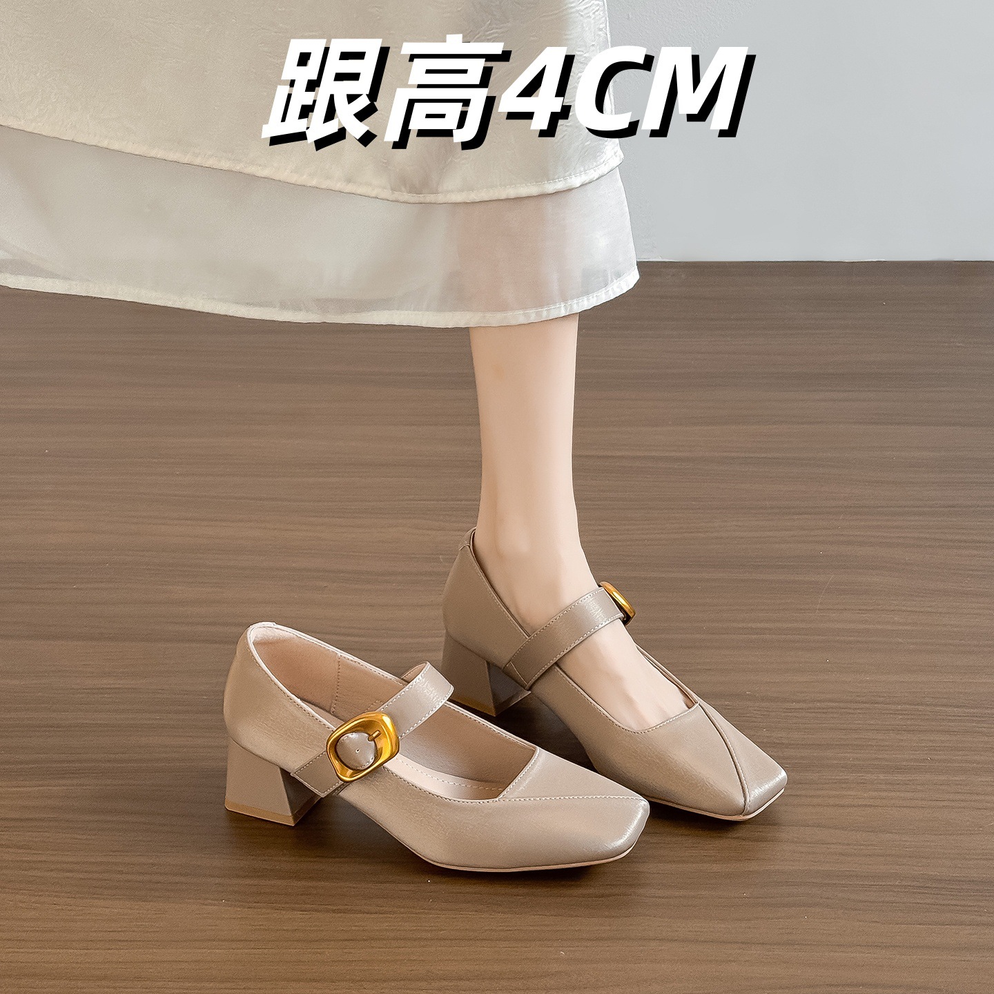 26新款毛容易一字带方头软底粗跟夏季外穿单鞋女中跟玛丽珍高跟鞋