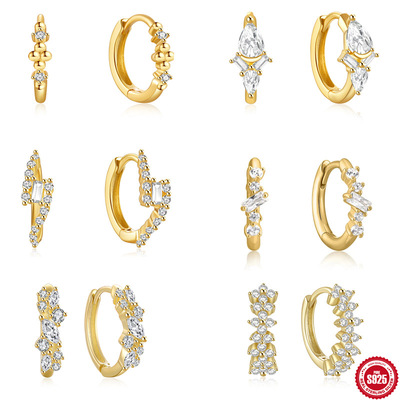 S925纯银几何大小镶钻耳圈耳扣潮流创意款INS风耳环耳圈