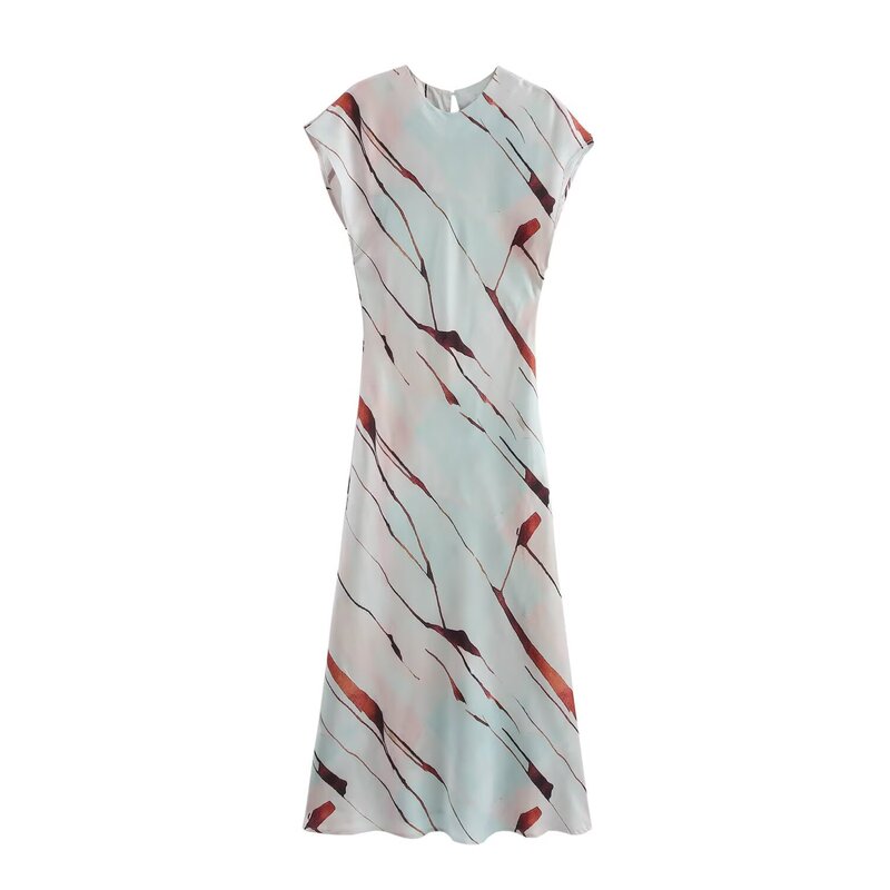 Za Cross-Border Women's Clothing Wholesale European and American Style New Round Neck Printed Elegant Slim Silk Satin Texture Long Dress