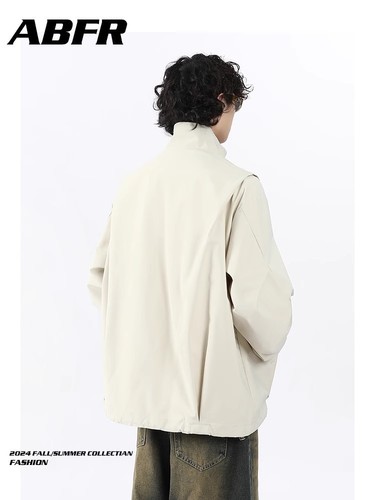 American functional style cream-colored cut men's autumn high-end pilot pleated work jacket combat coat