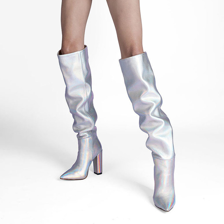 跨境2021春季粗跟褶皱高筒靴黄色长筒靴时尚女靴大码女鞋