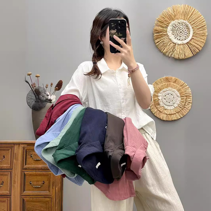 2026 Summer New Regular Style Simple Lapel Short-Sleeved Shirt for Women with Mid-Sleeves, Double-Layer Cotton Gauze, Soft and Casual Top 2026 Summer New Regular Style Simple Lapel Short-Sleeved Shirt for Women with Mid-Sleeves, Double-Layer Cotton Gauze, Soft and Casual Top