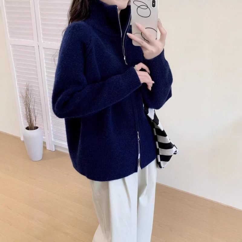 慵懒风毛衣外套女2025秋冬新款韩系纯色立领拉链针织开衫跨境女装|undefined