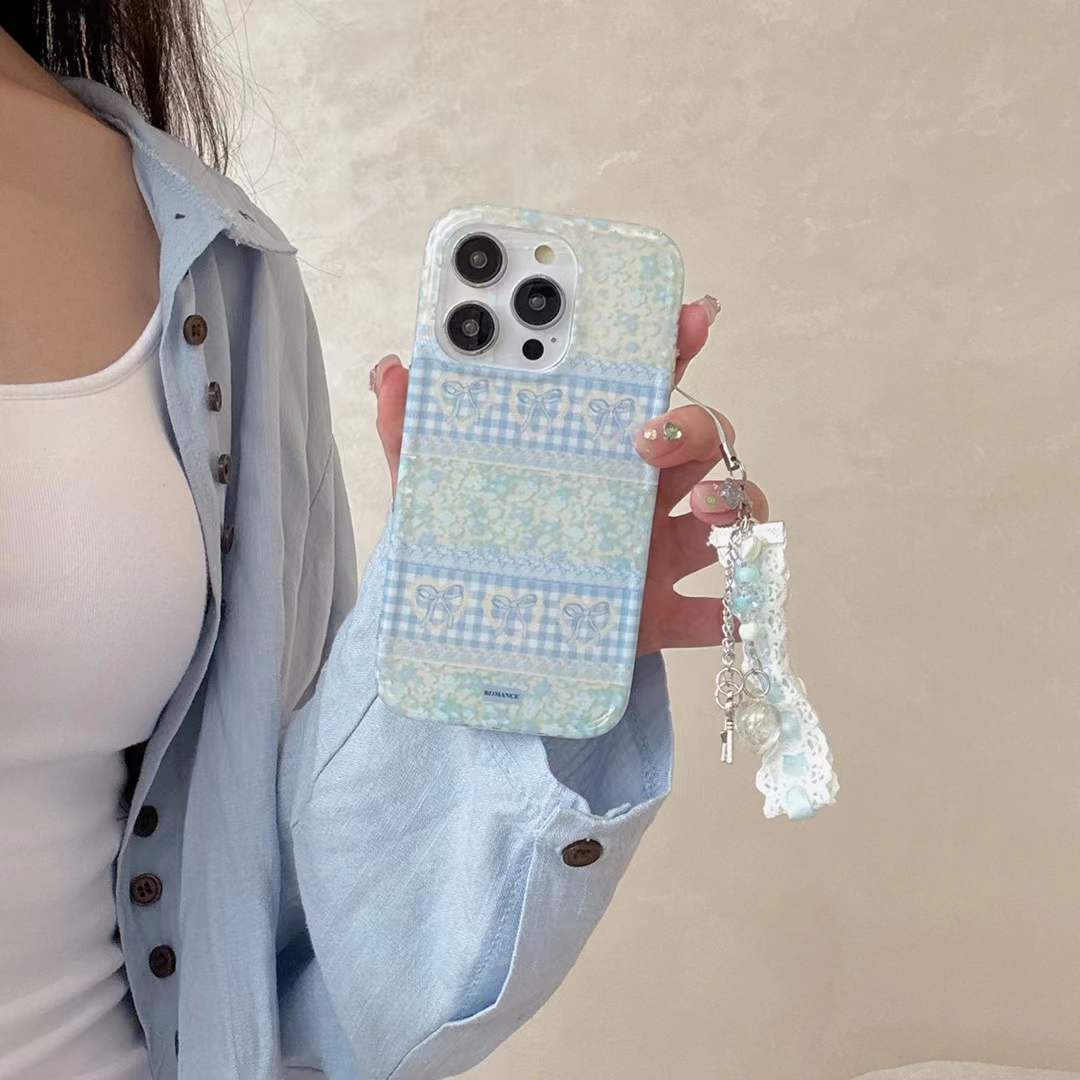 Fresco empalme azul floral amor adecuado para Apple 16ProMax niña iphone15 funda para teléfono móvil 13 colgante 14