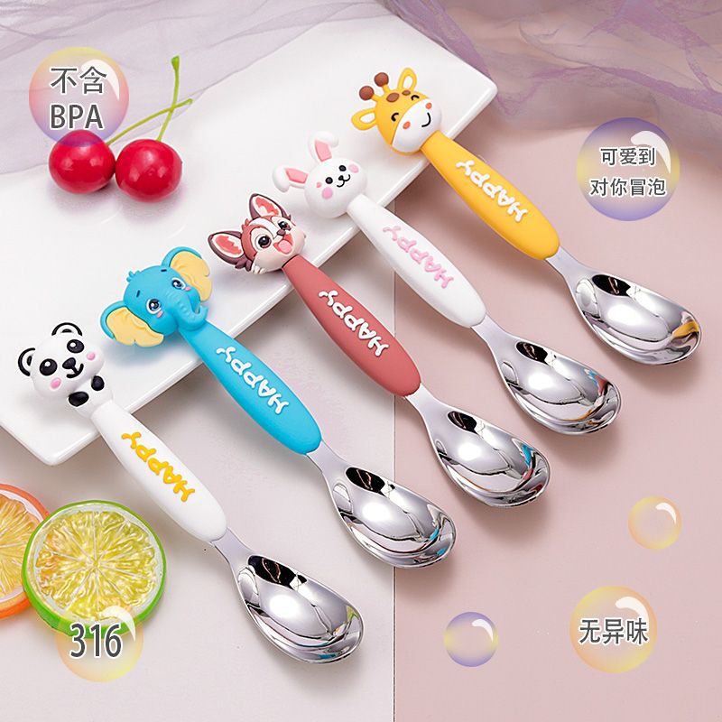 Wholesale 316 Stainless Steel Spoon Cartoon Animal Kidsren's Tableware Baby Food Supplement Eating Long Handle Ingot Spoon Wholesale 316 Stainless Steel Spoon Cartoon Animal Kidsren's Tableware Baby Food Supplement Eating Long Handle Ingot Spoon