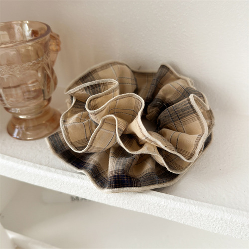 Early autumn retro French lace double-layer plaid large intestine hair ring American college style brown hair rope