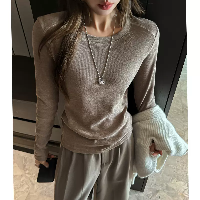 小圆领高级感拼接加厚长袖打底衫女内搭秋冬季高级感长袖t恤上衣