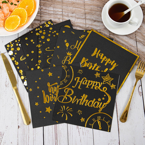 Happy Birthday Bronzing Black Theme Birthday Decoration Square Tissue Party Party Layout Napkin Wholesale