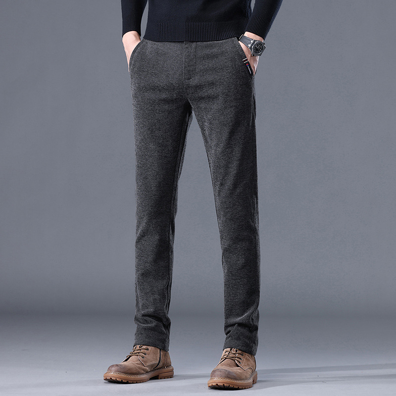 Otoño e invierno pantalones casuales antiarrugas de los hombres de fácil cuidado slim fit pantalones de los hombres chenille forrado de lana engrosada pequeños pantalones rectos niños