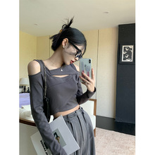 辣妹露肩镂空T恤女早秋季新款设计感短款长袖甜辣打底衫内搭上衣