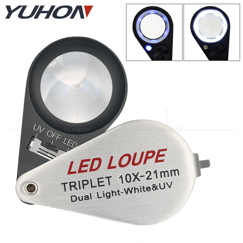 10X21 металлическое кольцо Светодиодная лампа УФ-детектор денег лампа ювелирные изделия нефрит кольцо с бриллиантом Античная идентификация 10 раз оптическое увеличительное стекло
