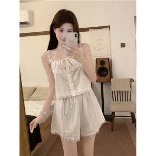 2025 Summer Sexy Pure Desire Sweet Cotton Lace Suspender Shorts Home Clothes Pajamas Set for Women