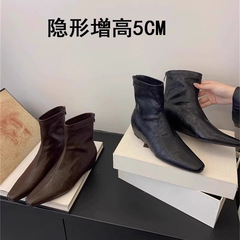 高级感韩版短靴女坡跟褶皱弹力靴后拉链法式瘦瘦靴时尚百搭马丁靴