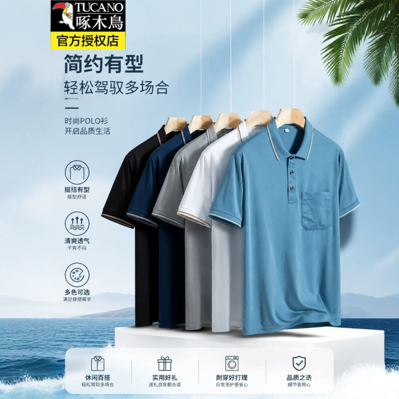 Woodpecker Polo Shirt Men's Summer Short-Sleeved T-Shirt with Lapel, Lightweight, Breathable, Business Casual, Simple Style for Young and Middle-Aged People Woodpecker Polo Shirt Men's Summer Short-Sleeved T-Shirt with Lapel, Lightweight, Breathable, Business Casual, Simple Style for Young and Middle-Aged People