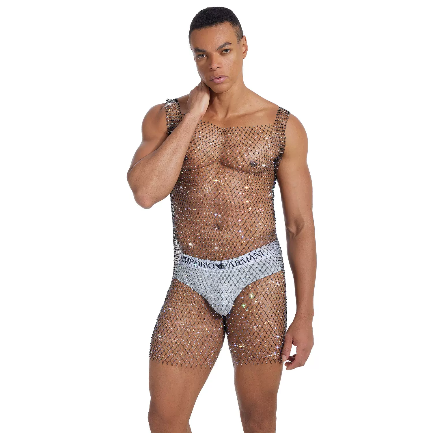 跨境欧美夏季渔网闪钻连衣裙镂空性感男女透视罩衫连衣裙烫钻服饰