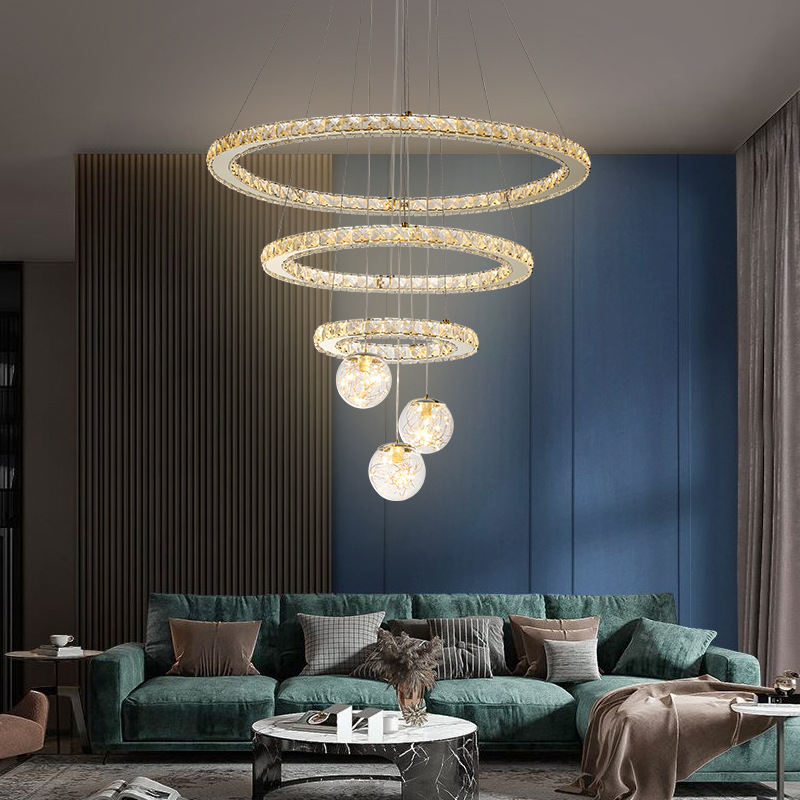Light luxury crystal chandelier living room and restaurant 2023 new baby's breath smart room chandelier duplex floor overhead chandelier