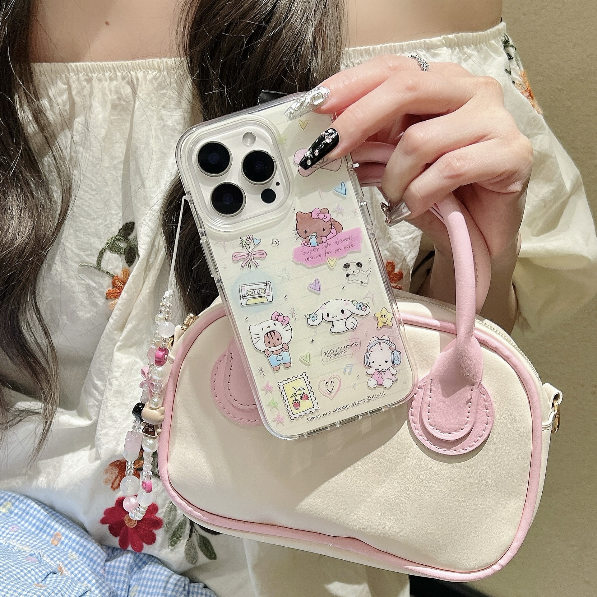 Corazón de niña de nicho de dibujos animados para Apple 15PorMax funda para teléfono móvil 16Pro verano cuero negro KT gato 14/13 mujer