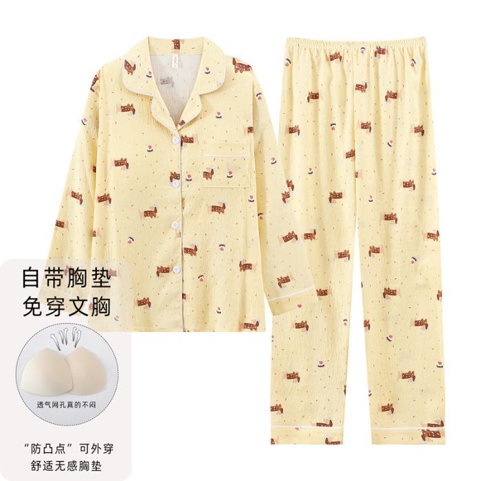 Nube de algodón pijama de primavera y otoño dulce dibujos animados con cojín de pecho cardigan de manga larga pantalones largos dos piezas de ropa de hogar