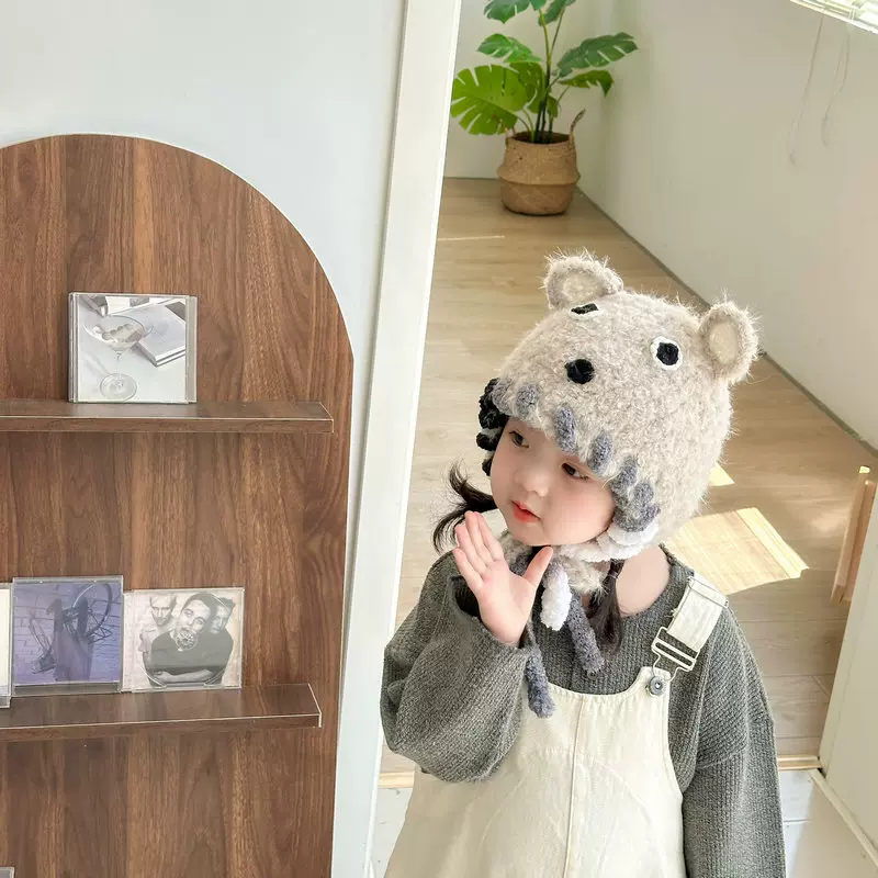 2024新款儿童帽子秋冬季保暖护耳冷帽毛绒手工针织帽韩版卡通冷帽