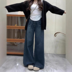 145小个子美式复古设计感阔腿牛仔裤女高腰宽松显瘦直筒拖地裤子