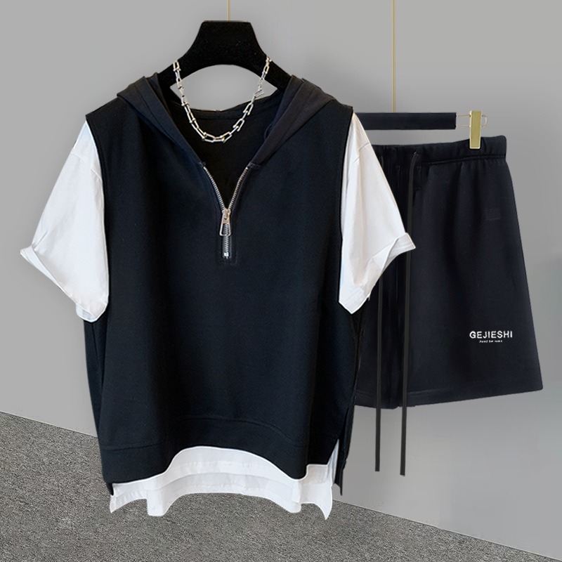 Zipper Hooded Short-sleeved Suit For Men In Summer,Korean Style,y,Versatile And Handsome Fake Two-piece Loose Half-sleeve With Complete Set