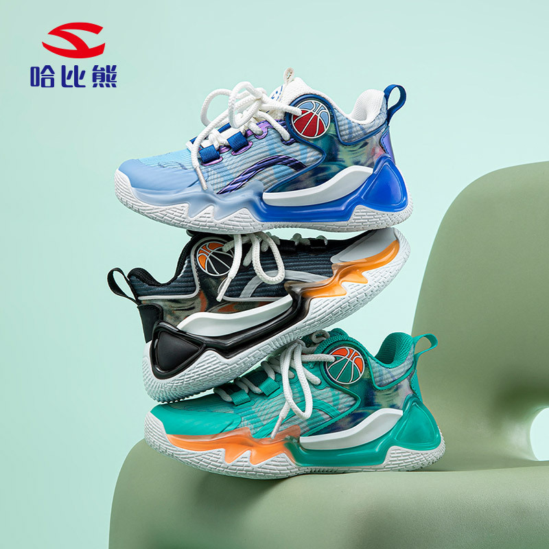 Habibie double net spring and autumn boys basketball shoes lace-up sneaker wear-resistant breathable big children's running shoes factory outlet