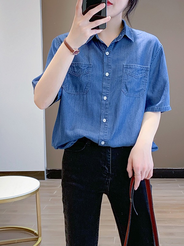 텐셀 데님 셔츠 여성 봄과 여름 새로운 소프트 더링 느슨한 캐주얼 셔츠 한국 스타일 외부 탑