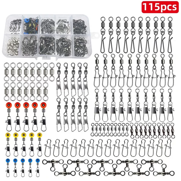 Cross-Border Hot Product 115 Pieces Fishing Connector Swivel Boxed Rotating Sea Bean Bass Trout Seawater