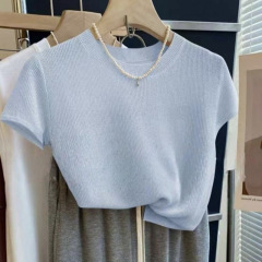 カニング韓国版気質丸首シンプルニット半袖上着女性2025夏新作純色tシャツ女装