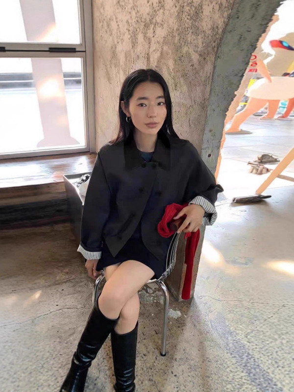 翻领撞色拼接双排扣风衣外套女2025秋装新款休闲宽松时尚夹克上衣|undefined