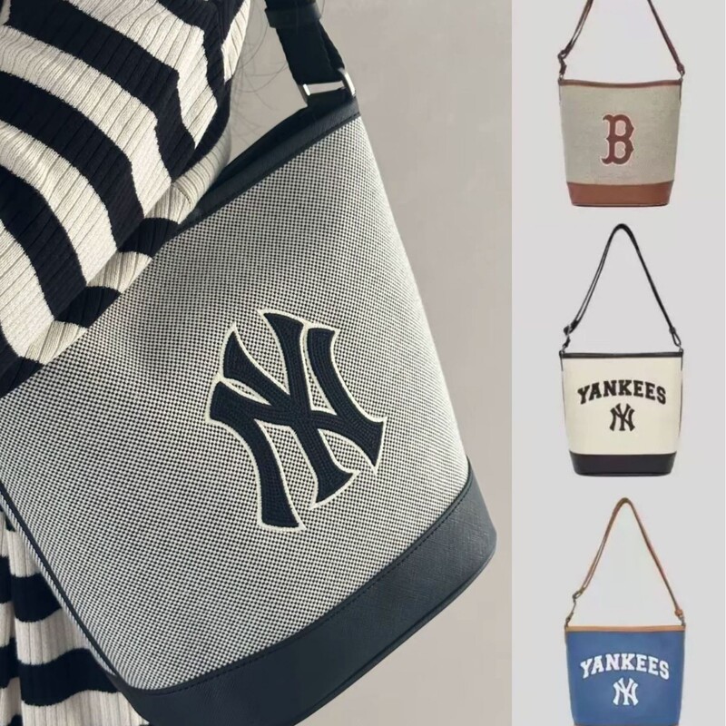 Korean Mlb Canvas Bucket Bag Large Capacity Crossbody Bag Ny Classic Embroider Work Clothing Versatile Lightweight Shoulder Bag