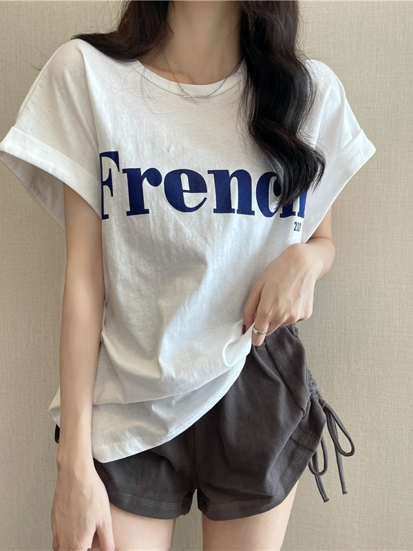ins純粋な欲望プリントオフショルダー半袖Tシャツレディース夏韓国版新しいルーズラウンドネック半袖ボトムレディースTシャツトレンディ