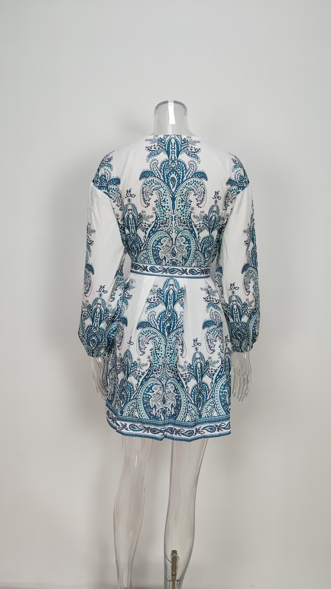 Women Clothing Elegant Fashionable V neck Printed Puff Sleeve Dress