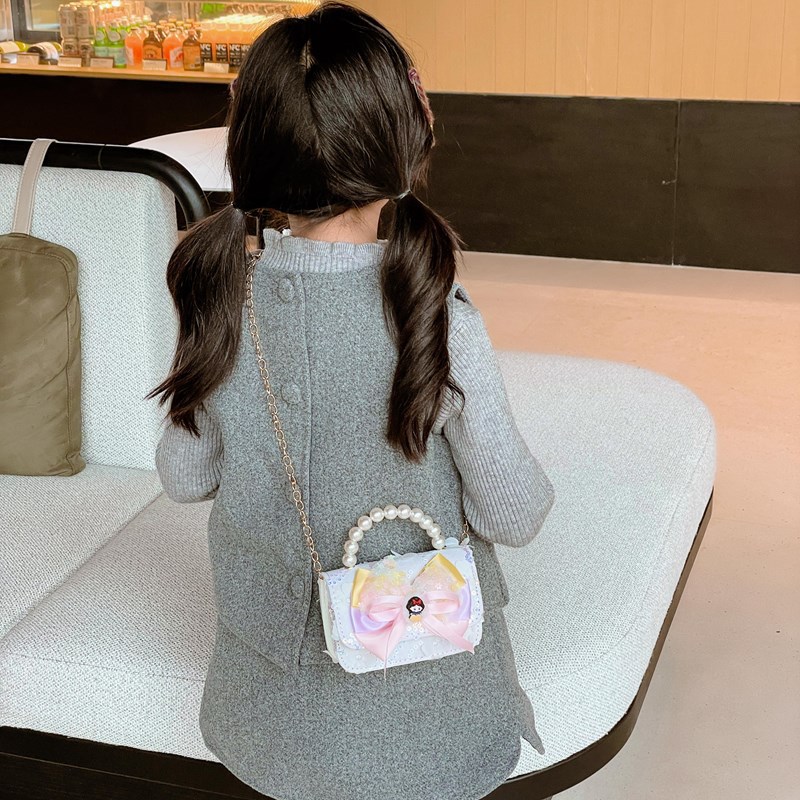 Xiaoxiangfeng bolso de hombro para niña lindo lazo cadena de moda bolso de bebé nuevo bolso de perla para niños