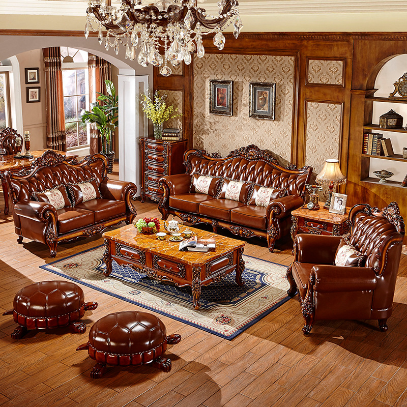 欧式沙发实木真皮123组合高档真皮沙发小U型客厅新款美式别墅家具