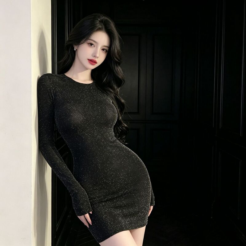 French-Style Minimalist Shiny Round-Neck High-End Slim-Fit Stretch Dress with a Pure and Alluring Vibe, Long-Sleeved Bodycon Versatile Short Dress French-Style Minimalist Shiny Round-Neck High-End Slim-Fit Stretch Dress with a Pure and Alluring Vibe, Long-Sleeved Bodycon Versatile Short Dress