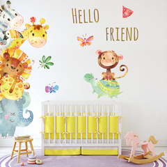 廠家直銷跨境新款水彩小動物卡通猴子大象長頸鹿烏龜牆貼畫KS6613