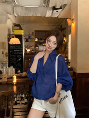 慵懒风宽松POLO领长袖亚麻蓝色衬衫女装秋季休闲气质衬衣小众上衣