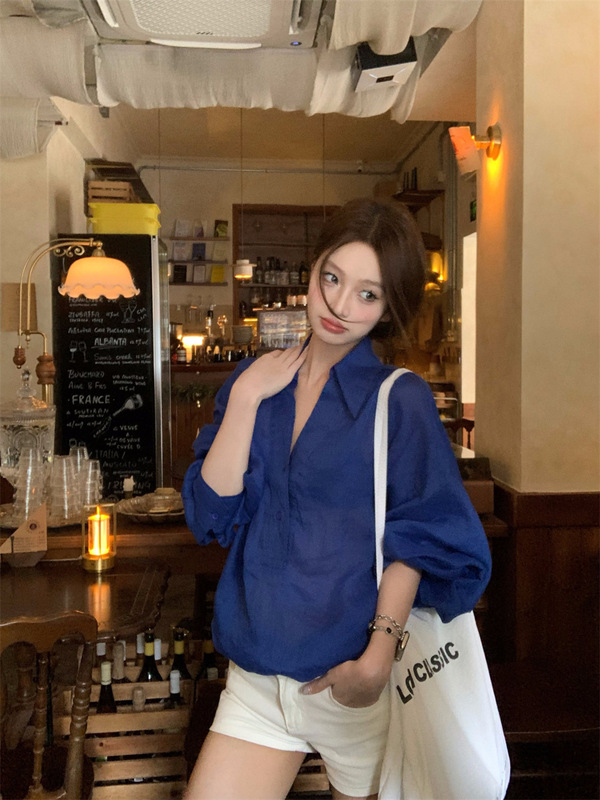 慵懒风宽松POLO领长袖亚麻蓝色衬衫女装秋季休闲气质衬衣小众上衣|undefined