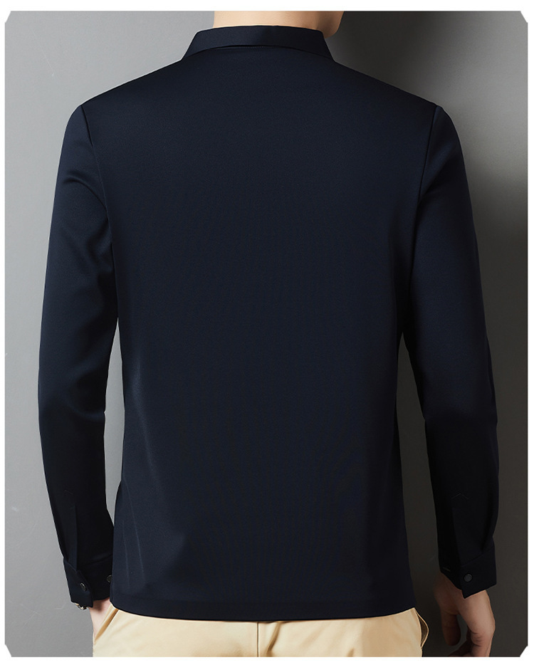 T-shirt a maniche lunghe da uomo in peluche spesso 2024 Autunno / inverno Nuova camicia di base in tinta unita con risvolto business di mezza età_voghion.com