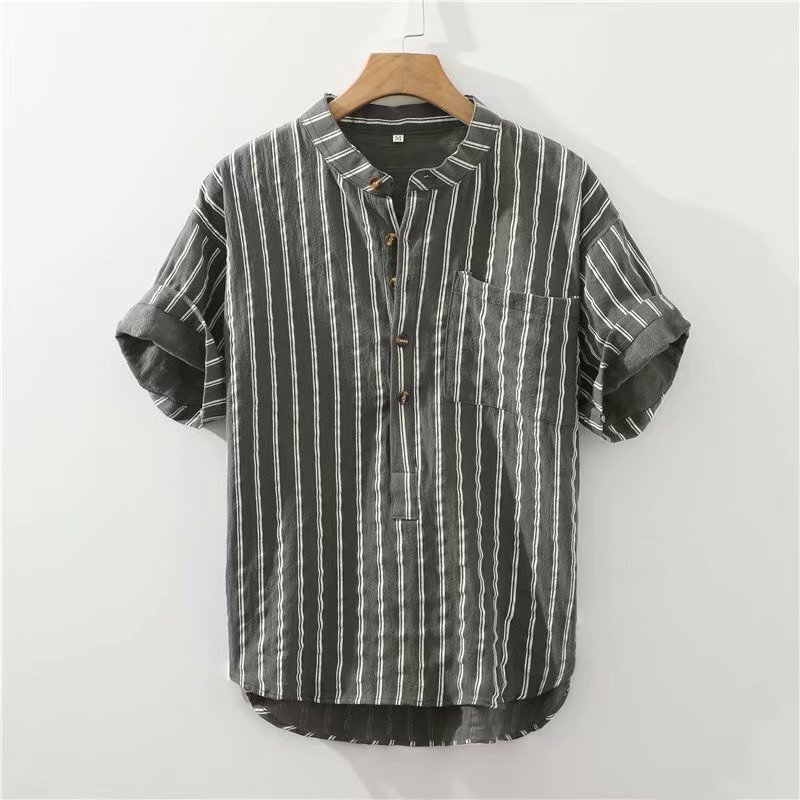 Linen Short-Sleeved Shirt Men's Stripesd Japanese Style Summer Men's Casual Loose Shirt Cotton and Linen Thin Half-Sleeved T-Shirt